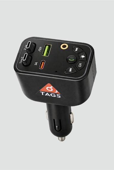 Black car charger with multiple ports on a light gray background