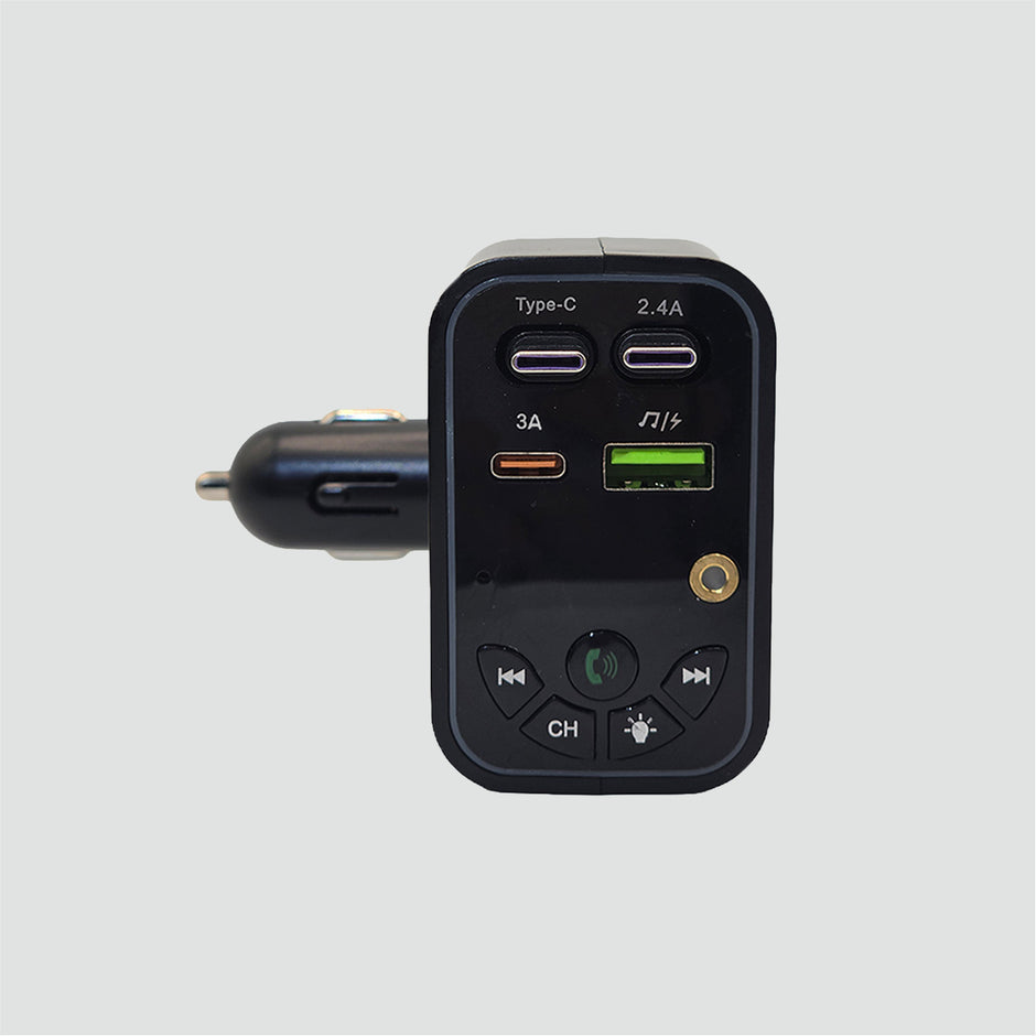 Car charger with multiple ports on a light gray background