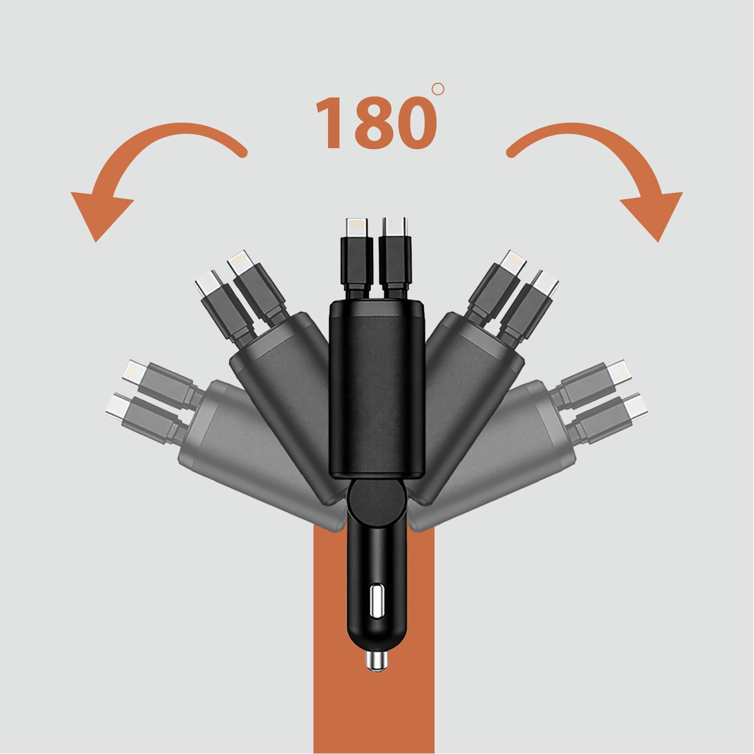 Black multi-port charging adapter with multiple connectors on a light gray background