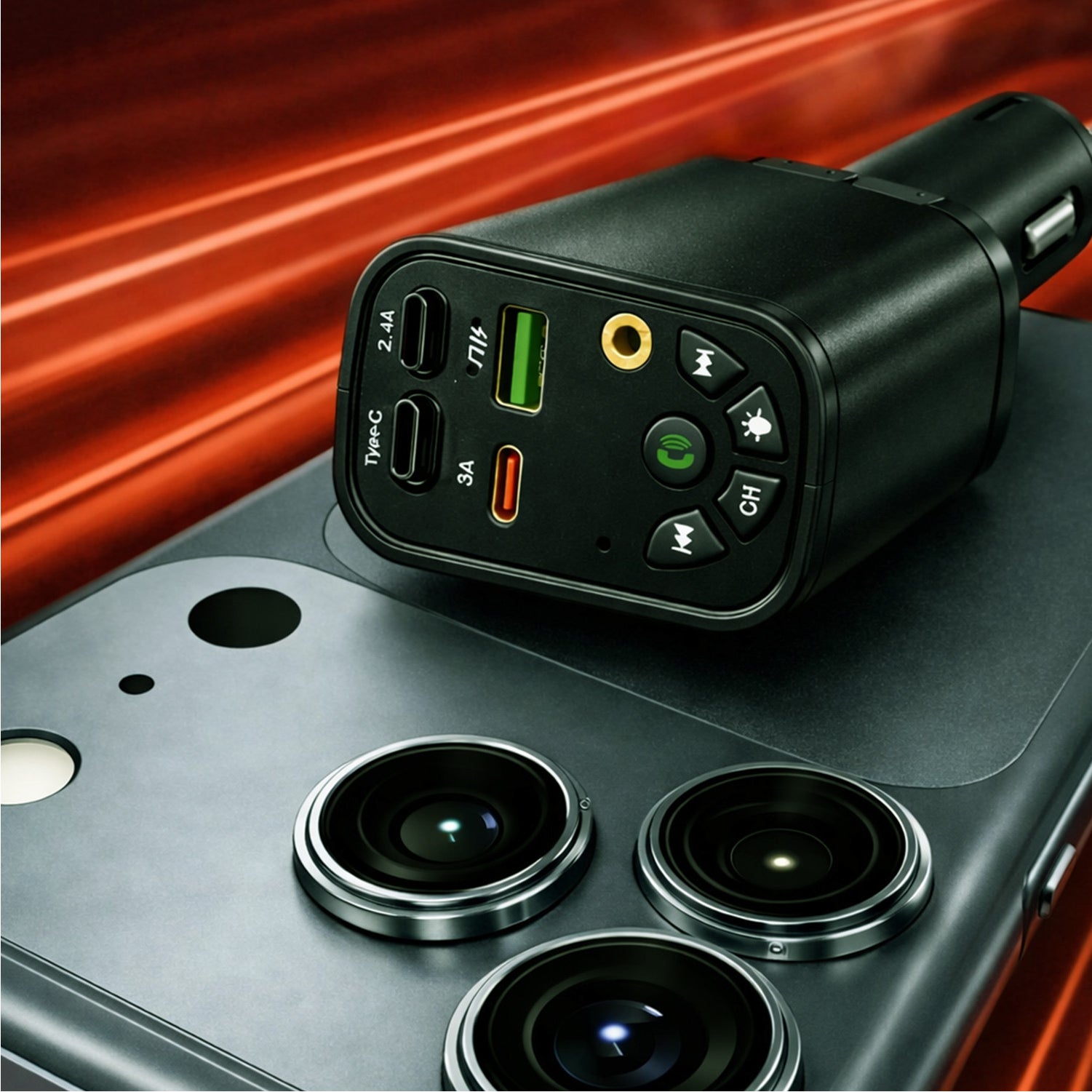 Black car charger on a smartphone with a dynamic red background