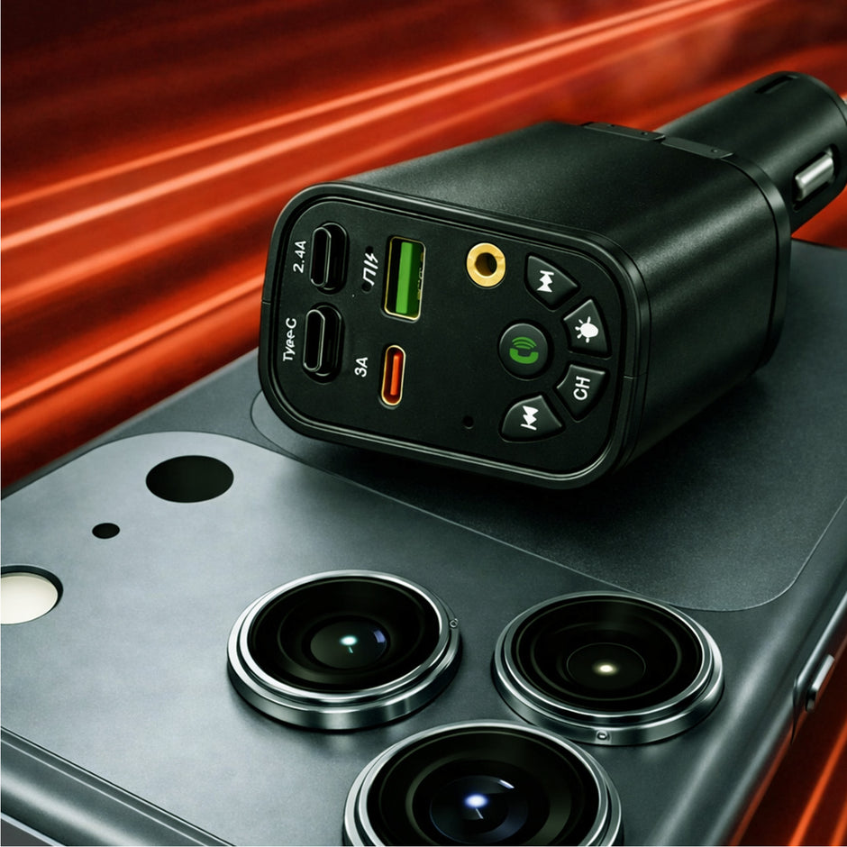 Black car charger on a smartphone with a dynamic red background