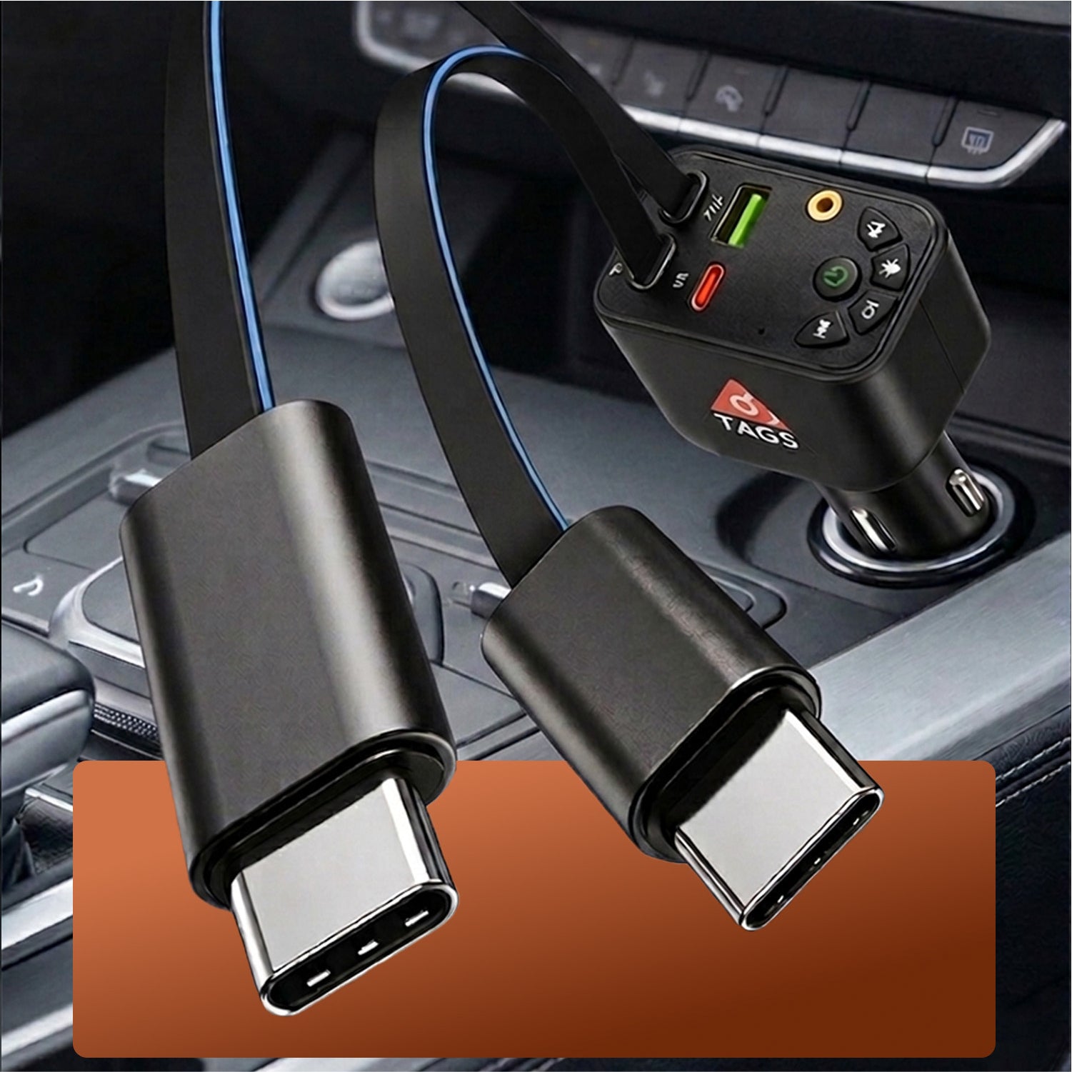 Car audio adapter with USB-C connectors on a car dashboard background