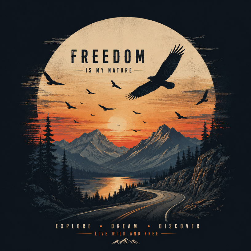 Surreal landscape with mountains, trees, and a road leading to a sunset with birds flying, featuring the text 'Freedom is my nature'.