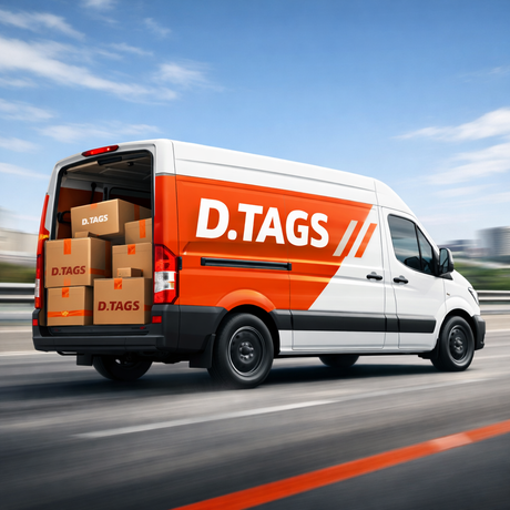Van with D.TAGS branding on a road with boxes inside