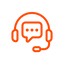 Orange outline of a headset with a speech bubble on a white background