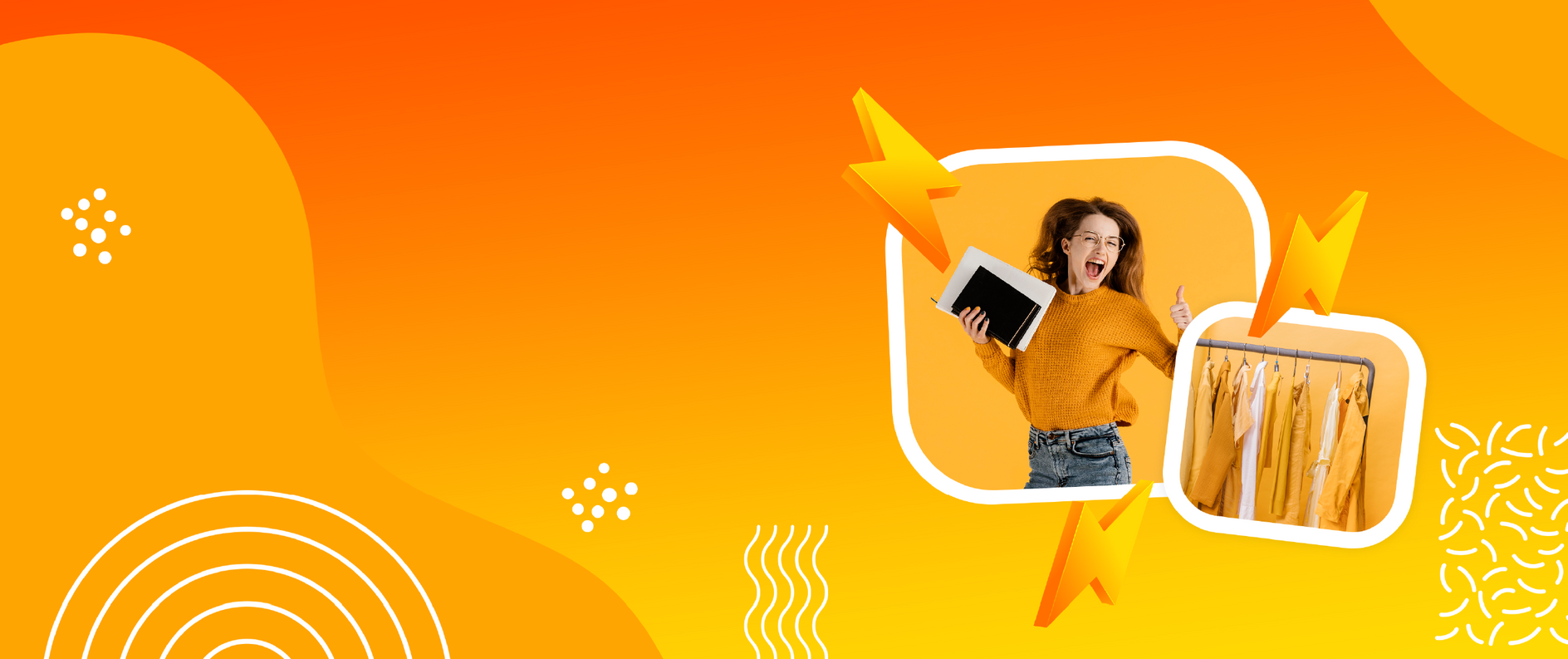 Woman holding a tablet with abstract orange and yellow design elements