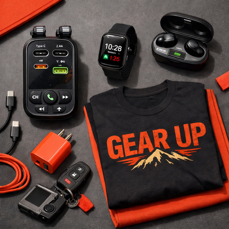 Collection of electronic devices and a black t-shirt with 'GEAR UP' printed on it, all on a gray surface.