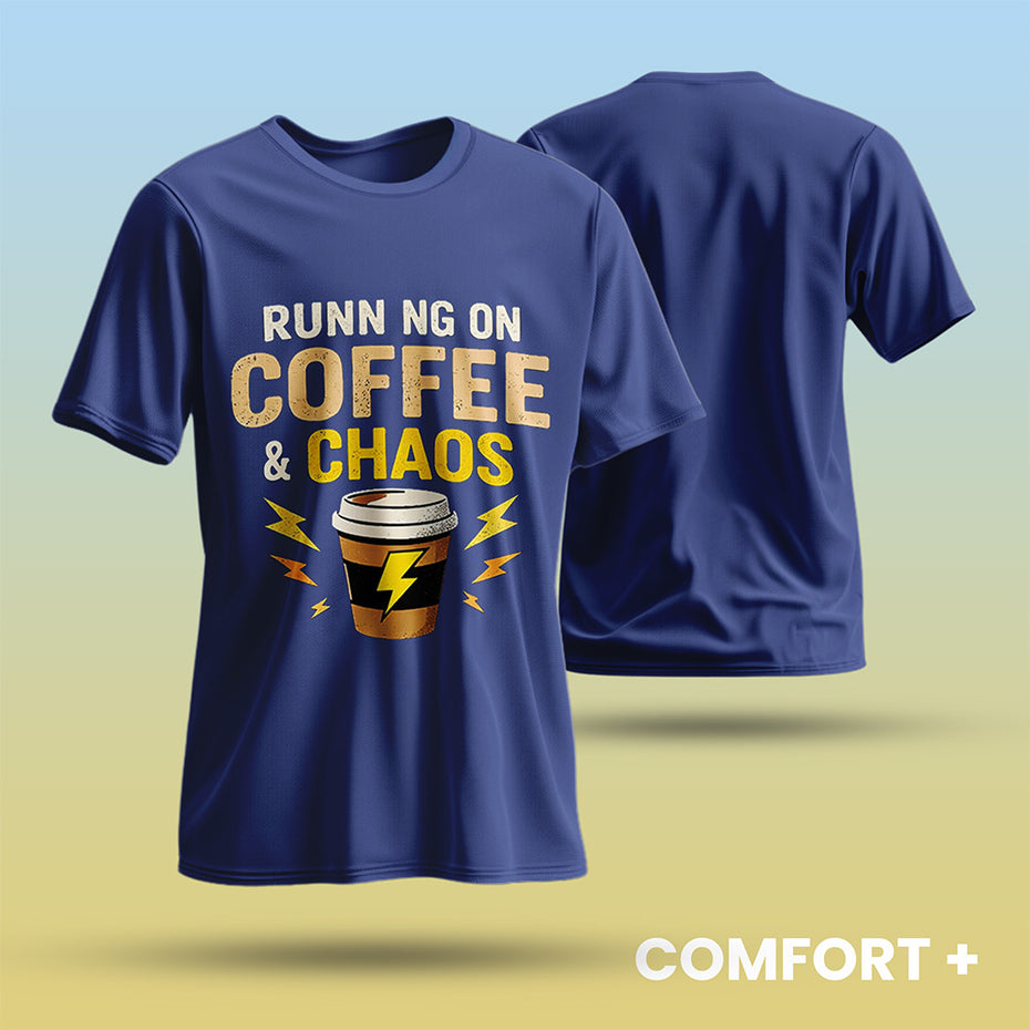 Blue t-shirt with 'Runnin' on Coffee & Chaos' design on a gradient background